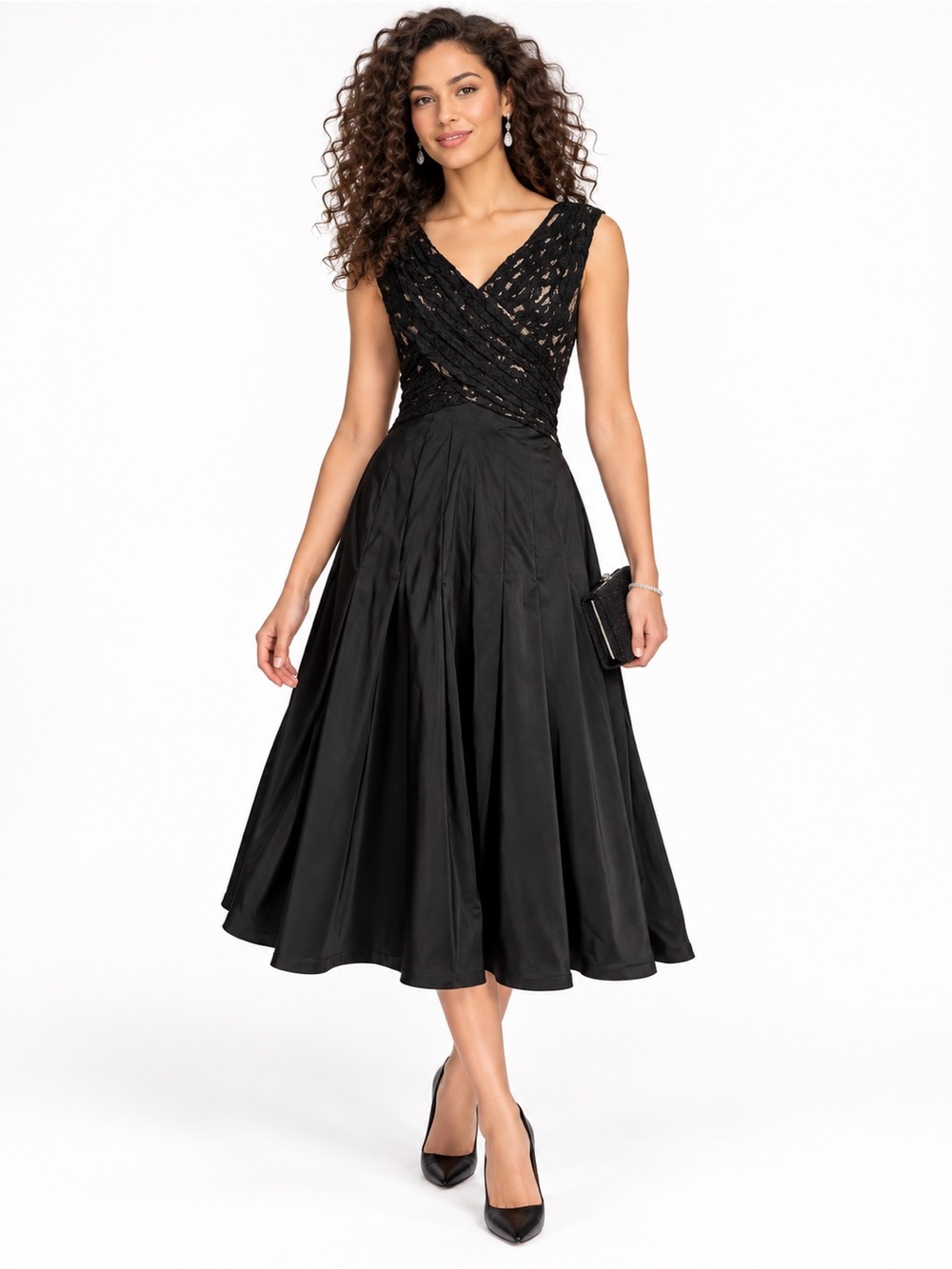 Elegant Black V-Neck Lace Bodice Midi Dress